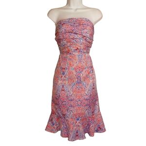 NEW OUTBACK RED Blue Red Paisley Print Strapless Pleated Ruffle Hem Dress 8 M